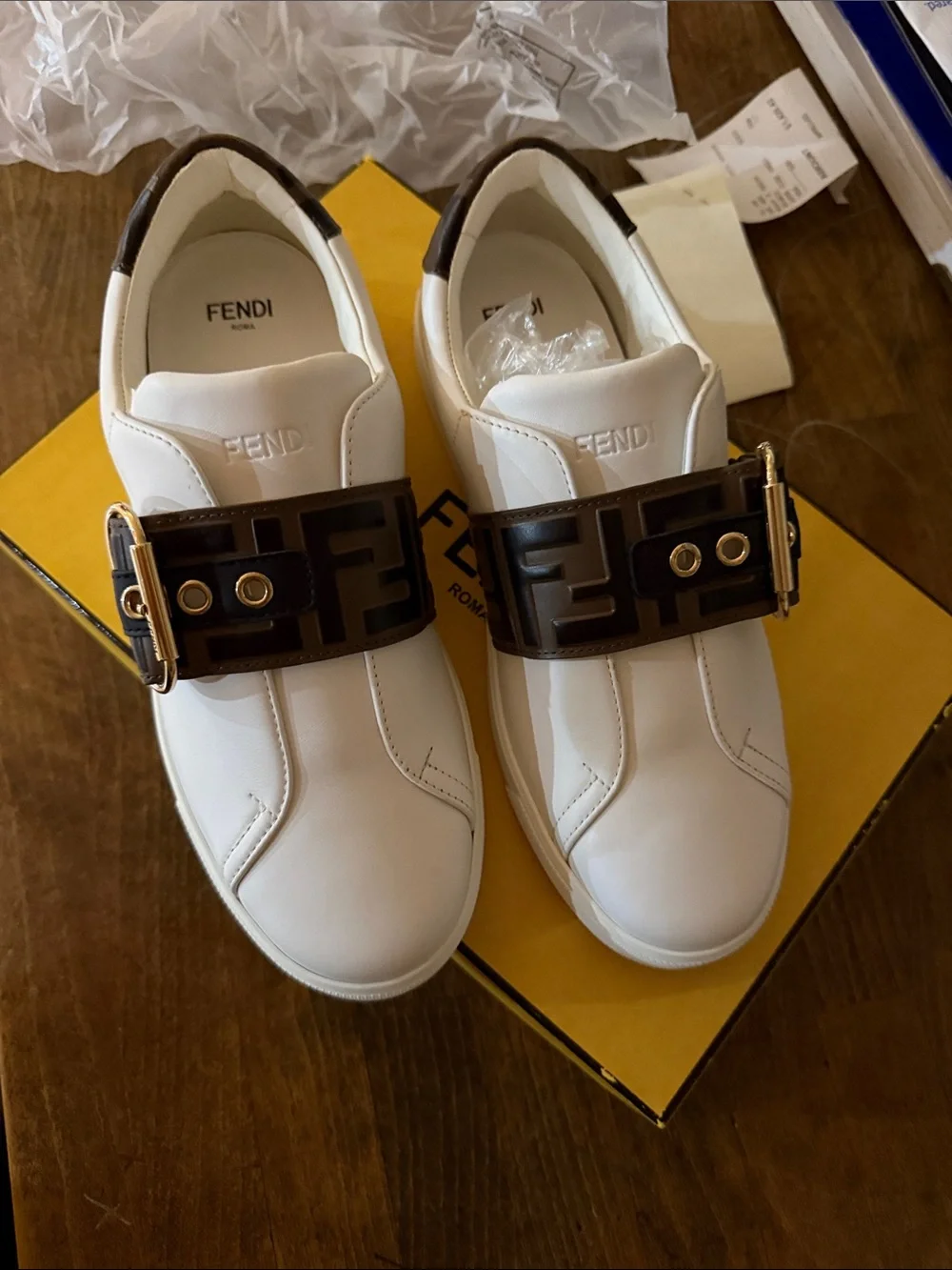 Fendi White Leather Sneakers with Brown Logo Buckle Strap